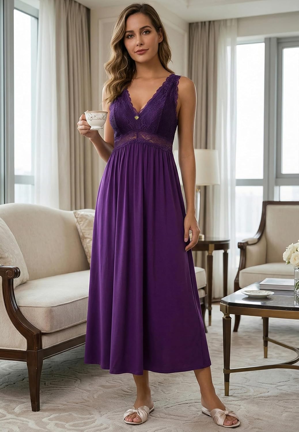 ALCEA ROSEA Womens Sexy Nightgowns Long Floral Lace silky Lingerie supportive Chemises Full slip for Women Elegant Sleepwear
